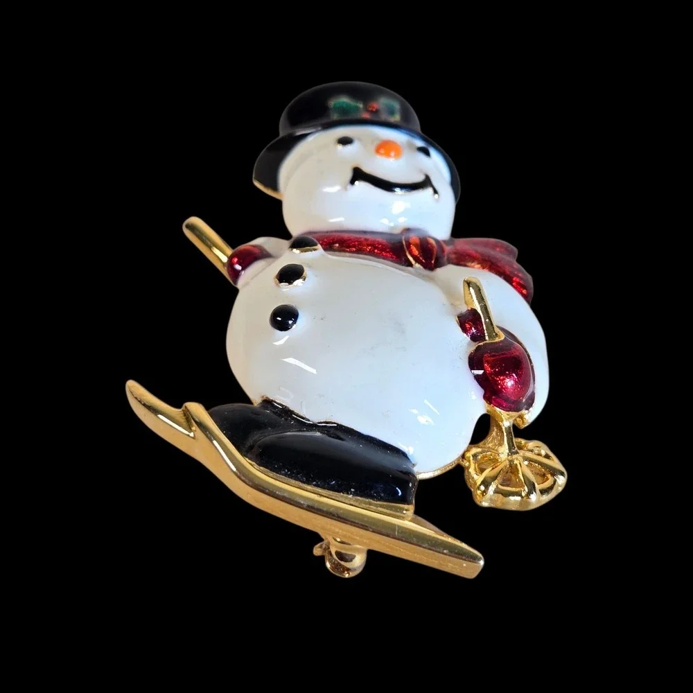 Vtg Joan Rivers Enamel Snowman Skiing Gold Tone Brooch HTF Holiday Christmas Pin